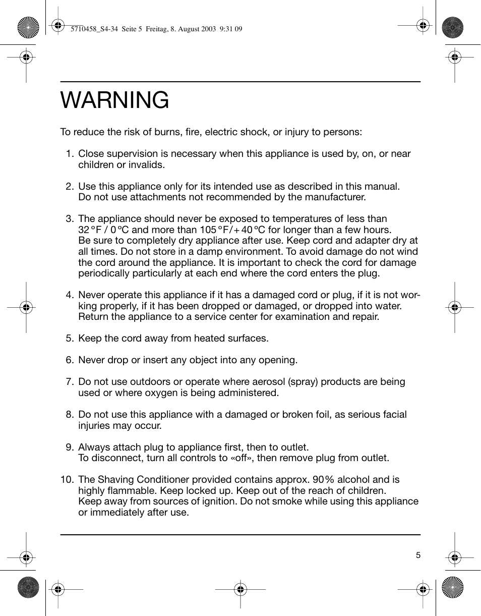 Warning | Braun 6690 FreeGlider User Manual | Page 5 / 34