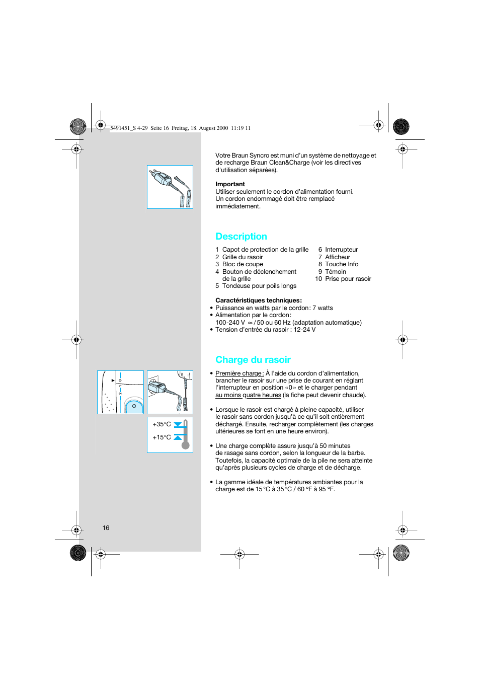 Description, Charge du rasoir | Braun 7570 Syncro System User Manual | Page 16 / 29