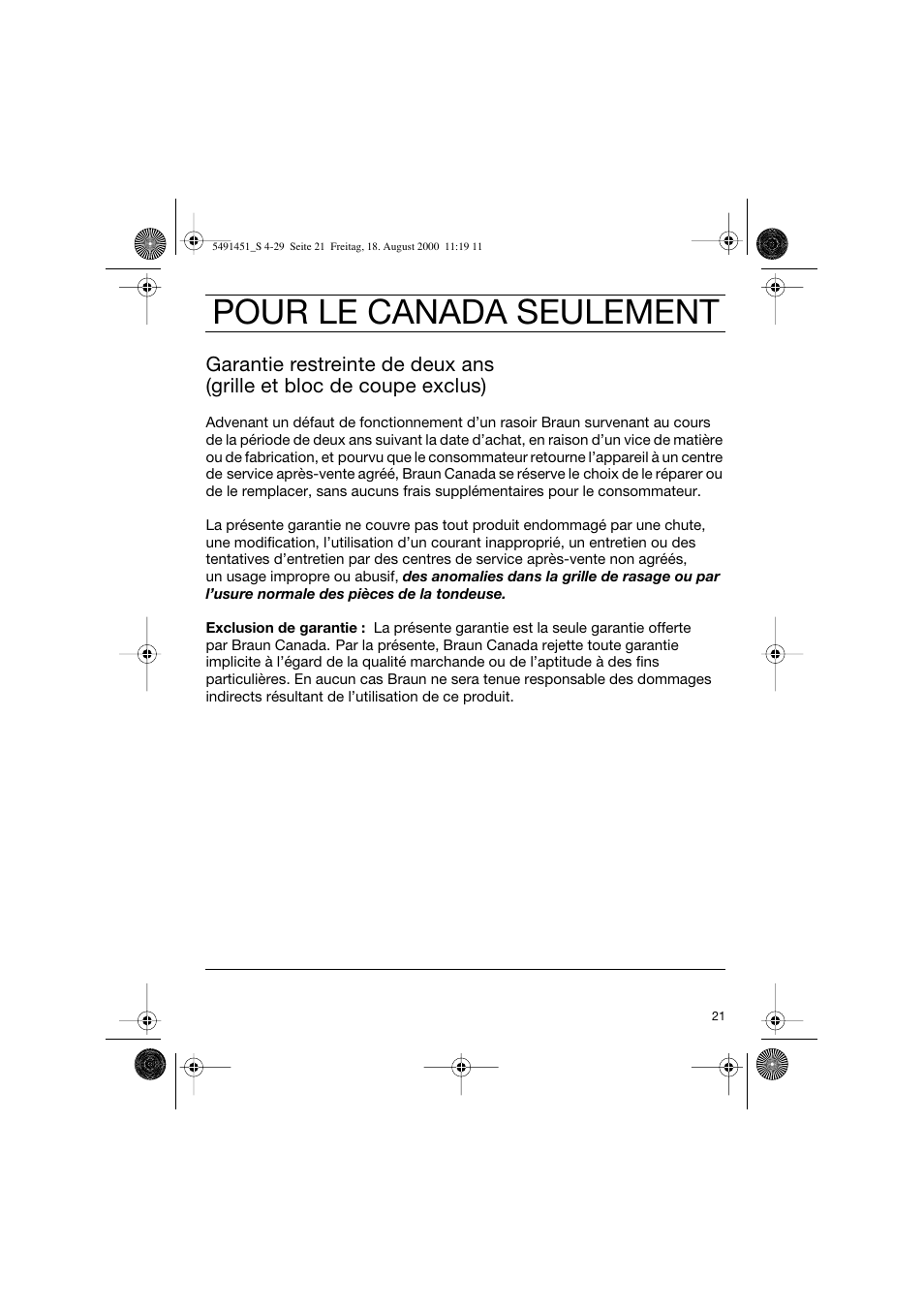 Pour le canada seulement | Braun 7570 Syncro System User Manual | Page 21 / 29