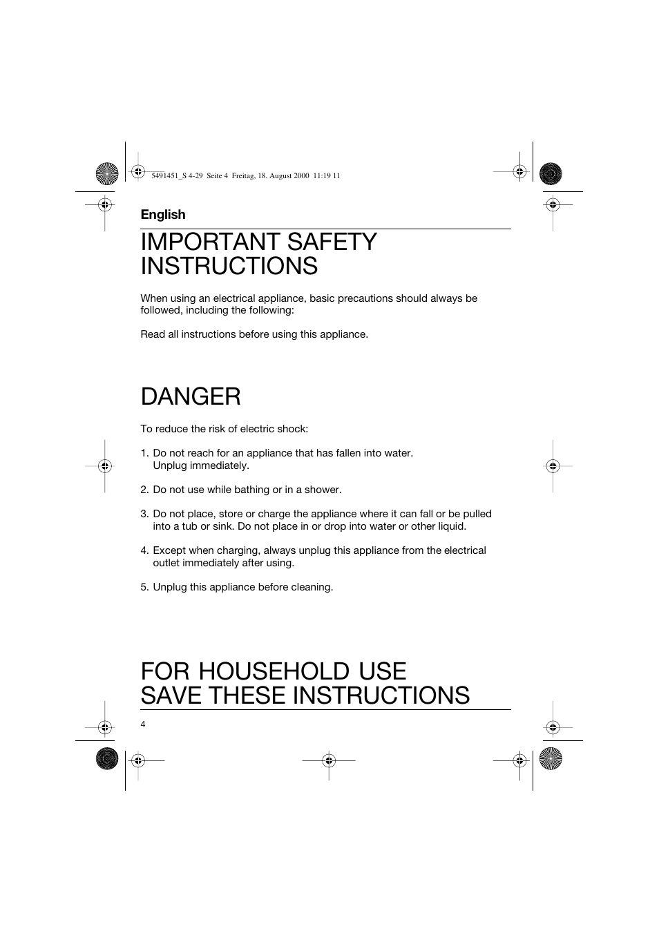 English, Important safety instructions, Danger | For household use save these instructions | Braun 7570 Syncro System User Manual | Page 4 / 29