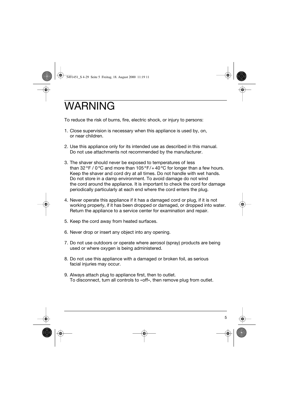 Warning | Braun 7570 Syncro System User Manual | Page 5 / 29