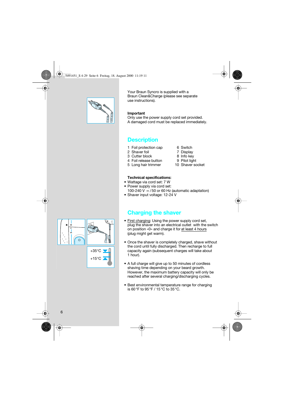 Description, Charging the shaver | Braun 7570 Syncro System User Manual | Page 6 / 29