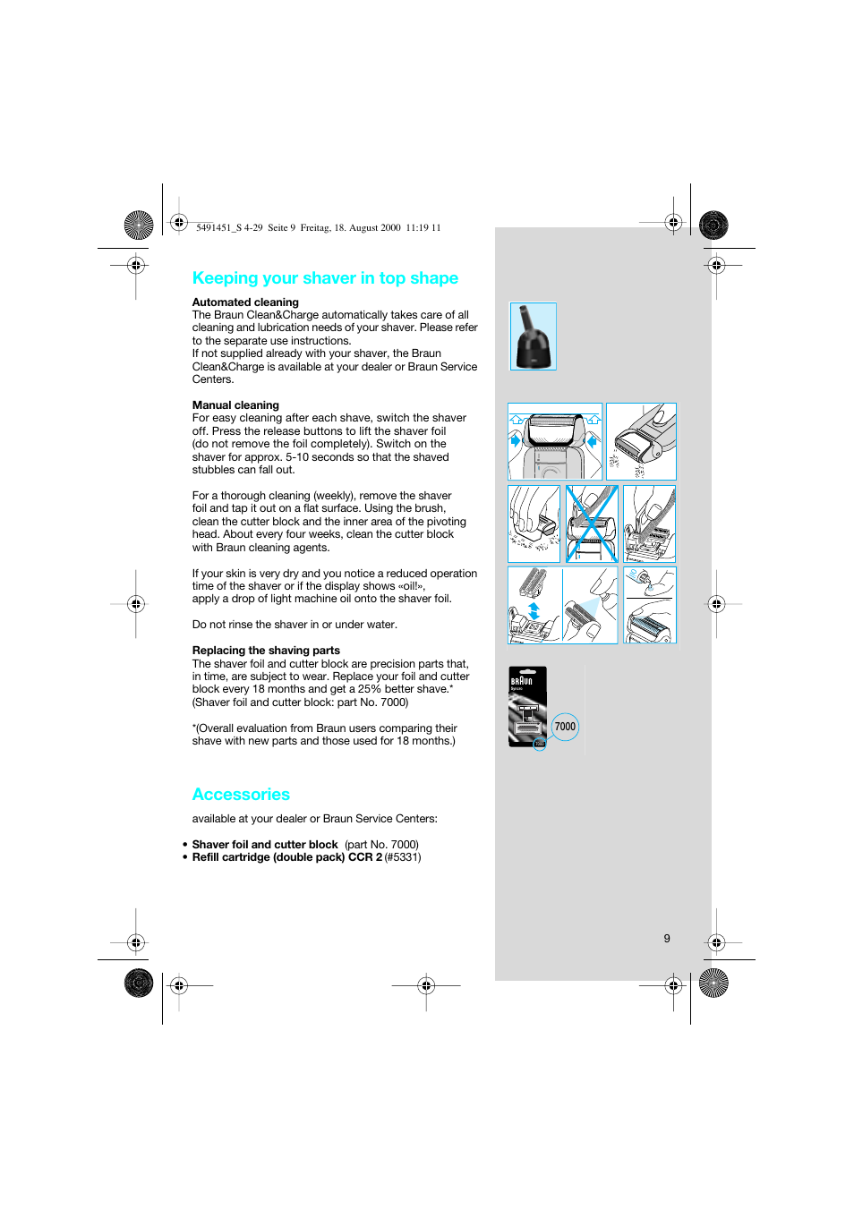 Keeping your shaver in top shape, Accessories | Braun 7570 Syncro System User Manual | Page 9 / 29