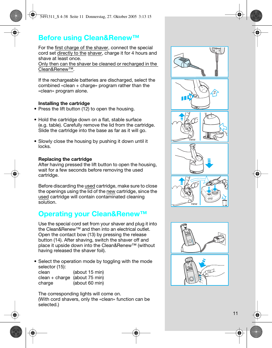 Before using clean&renew, Operating your clean&renew | Braun 7680 SyncroPro System User Manual | Page 11 / 37