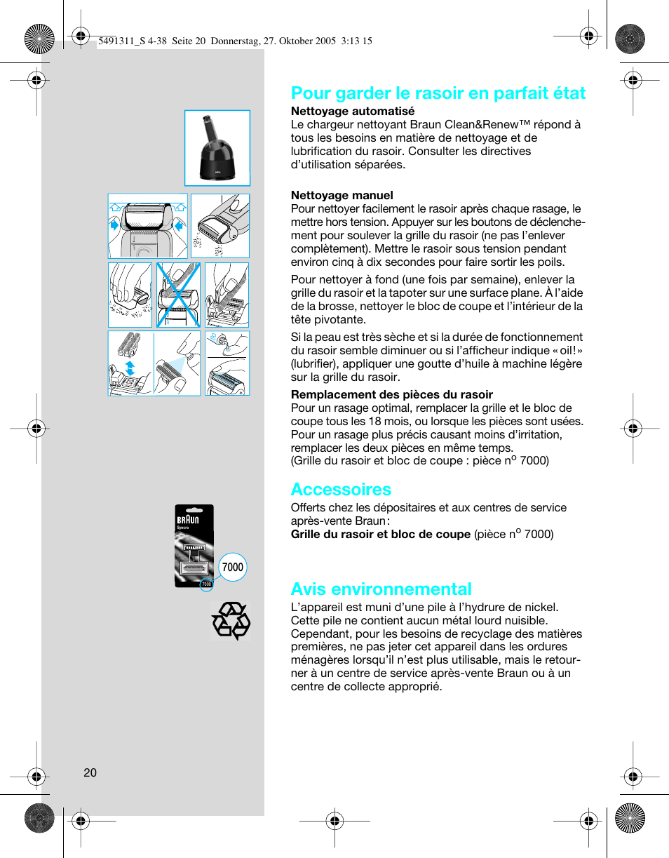 Pour garder le rasoir en parfait état, Accessoires, Avis environnemental | Braun 7680 SyncroPro System User Manual | Page 20 / 37