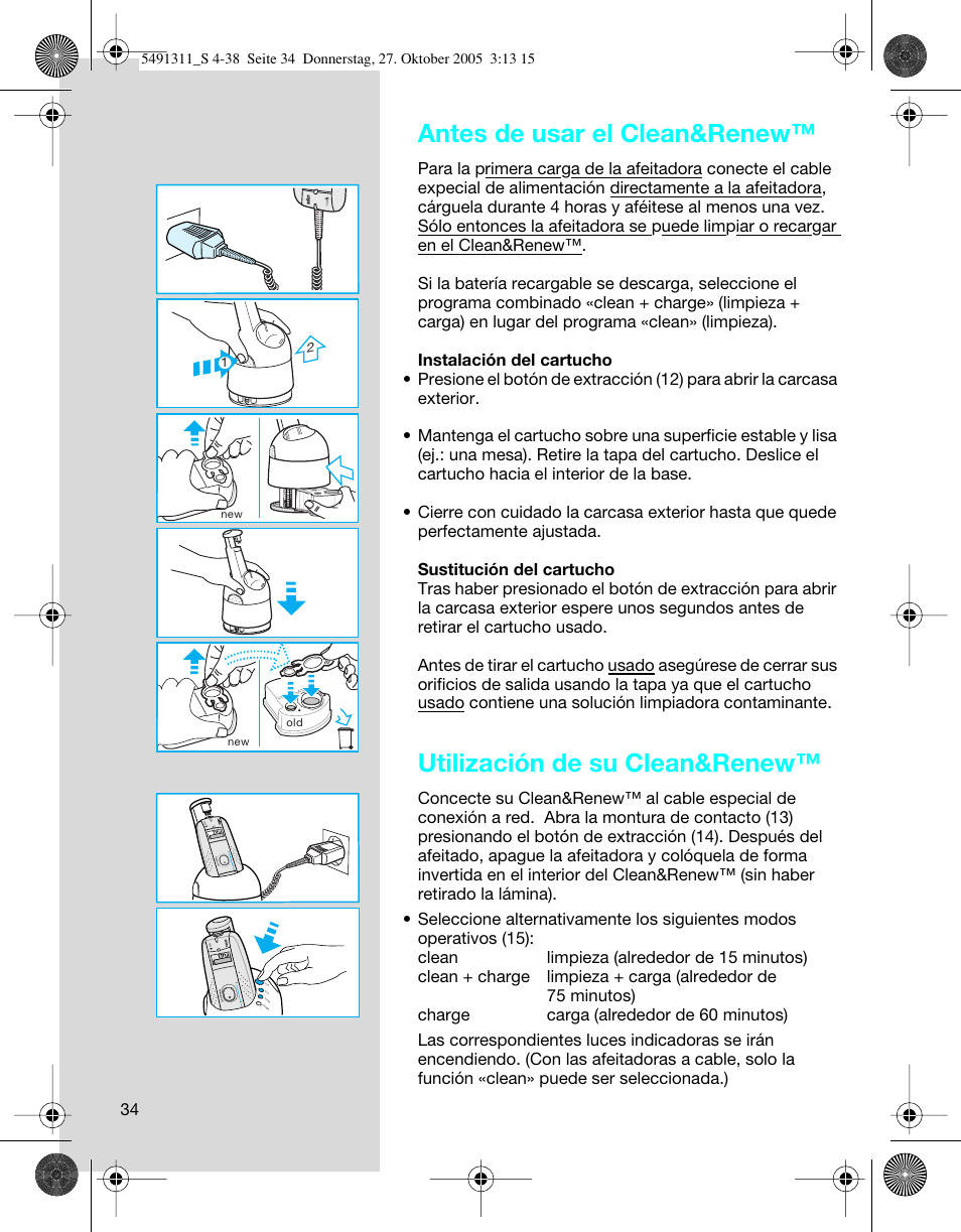 Antes de usar el clean&renew, Utilización de su clean&renew, Au to m a tic lo ck 3 2 1 0 | Braun 7680 SyncroPro System User Manual | Page 34 / 37