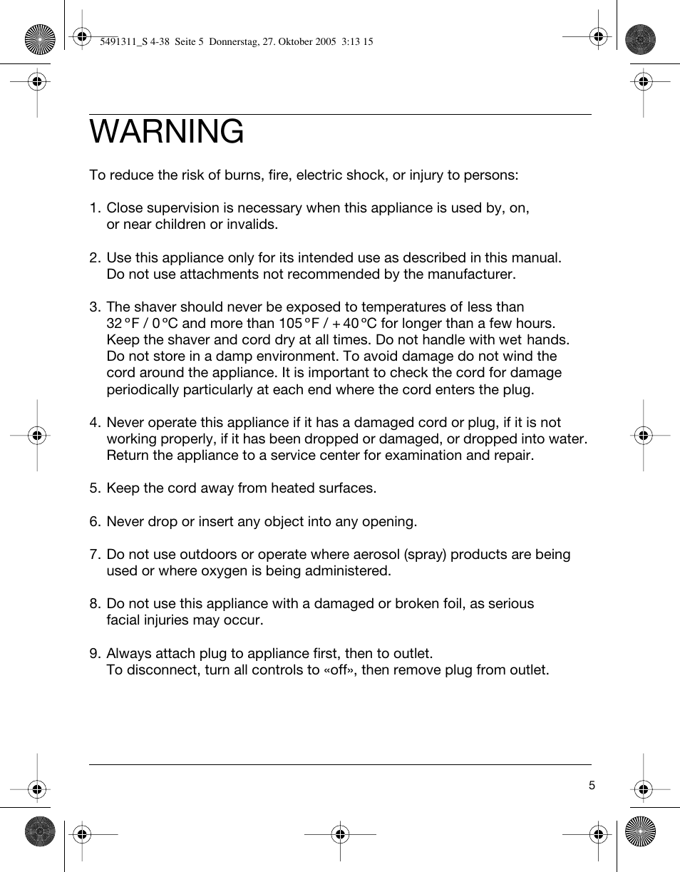 Warning | Braun 7680 SyncroPro System User Manual | Page 5 / 37