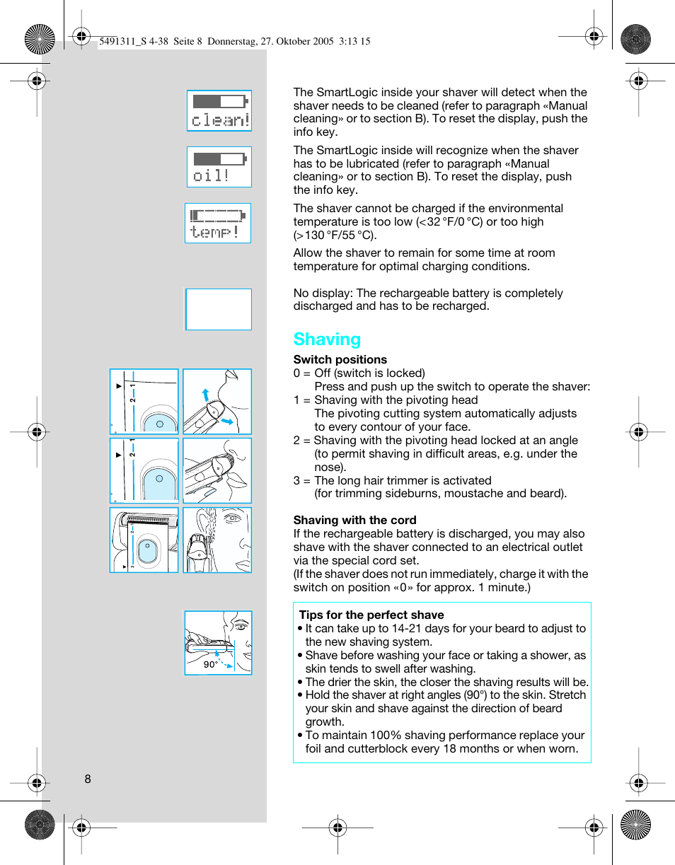 Shaving | Braun 7680 SyncroPro System User Manual | Page 8 / 37