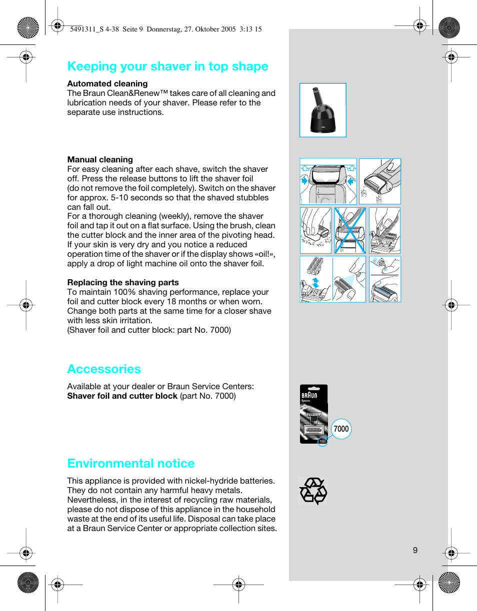 Keeping your shaver in top shape, Accessories, Environmental notice | Braun 7680 SyncroPro System User Manual | Page 9 / 37