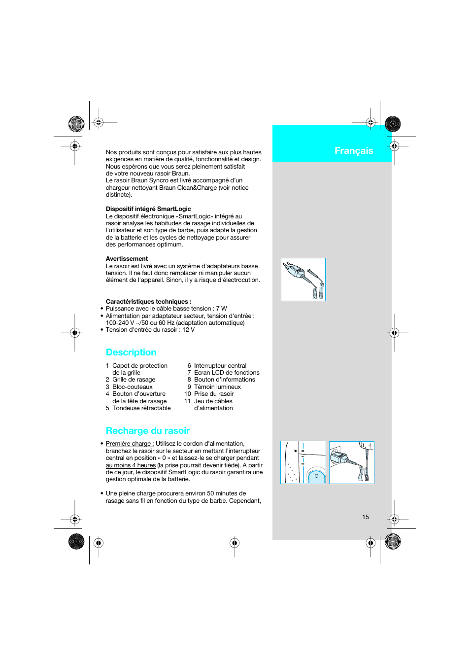 Français, Description, Recharge du rasoir | Braun 7690 Syncro System Smart Logic User Manual | Page 15 / 79