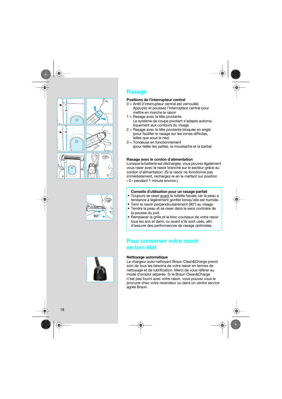 Rasage, Pour conserver votre rasoir en bon état | Braun 7690 Syncro System Smart Logic User Manual | Page 18 / 79