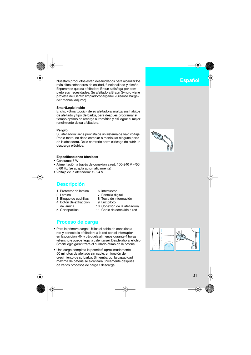 Español, Descripción, Proceso de carga | Braun 7690 Syncro System Smart Logic User Manual | Page 21 / 79
