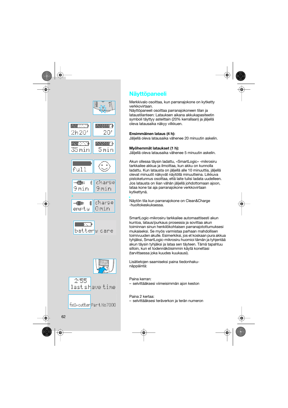 Näyttöpaneeli | Braun 7690 Syncro System Smart Logic User Manual | Page 62 / 79