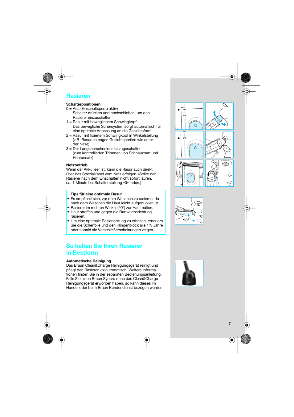 Rasieren, So halten sie ihren rasierer in bestform | Braun 7690 Syncro System Smart Logic User Manual | Page 7 / 79