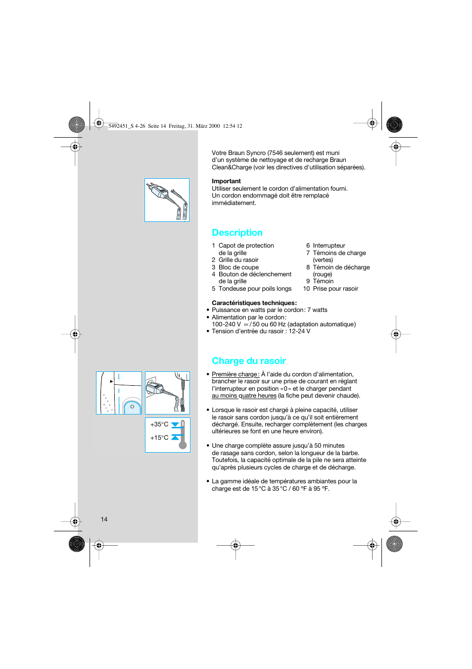 Description, Charge du rasoir | Braun 7540 Syncro  EU User Manual | Page 14 / 26