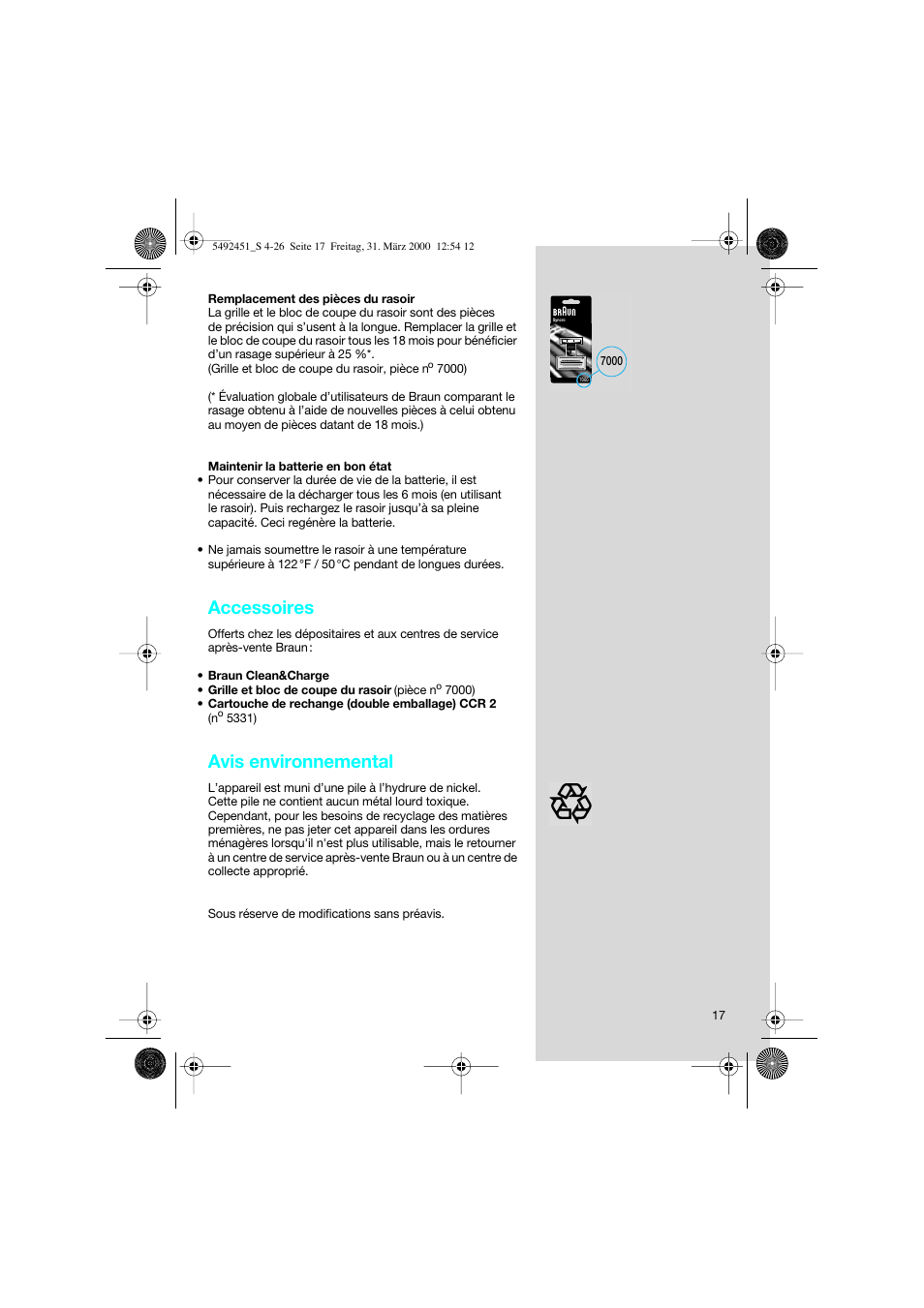 Accessoires, Avis environnemental | Braun 7540 Syncro  EU User Manual | Page 17 / 26