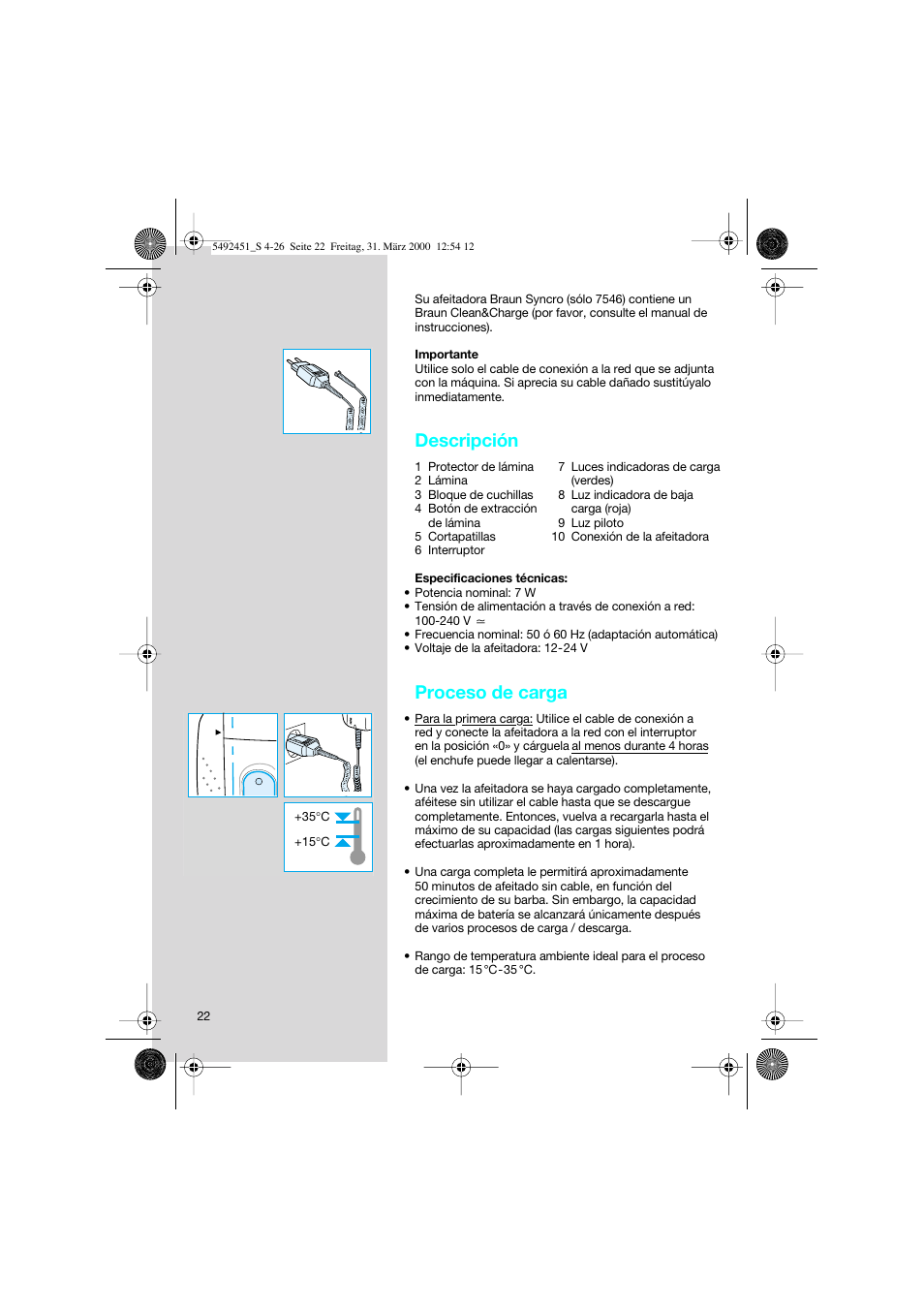 Descripción, Proceso de carga | Braun 7540 Syncro  EU User Manual | Page 22 / 26