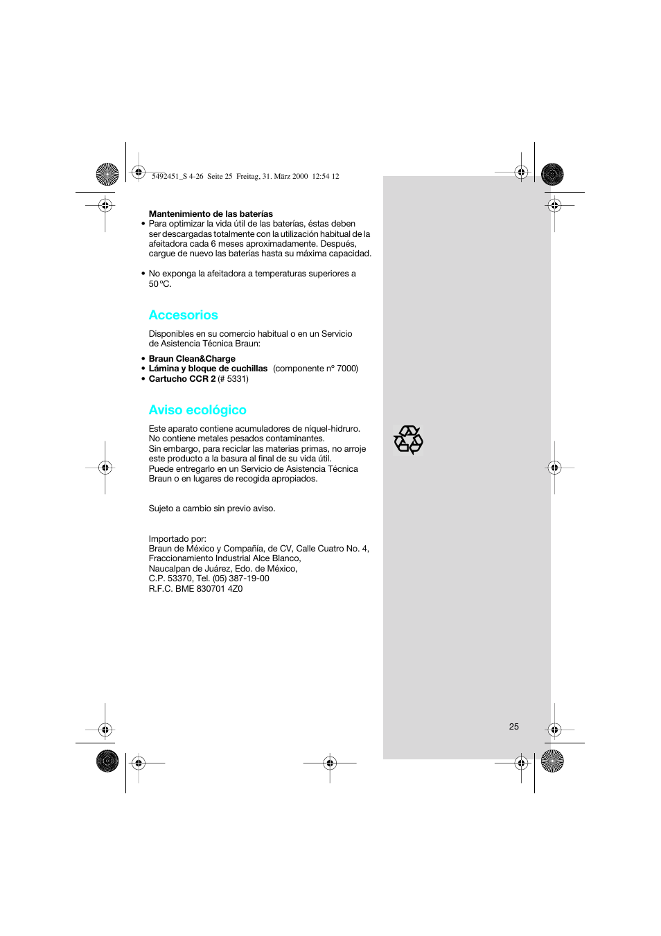 Accesorios, Aviso ecológico | Braun 7540 Syncro  EU User Manual | Page 25 / 26