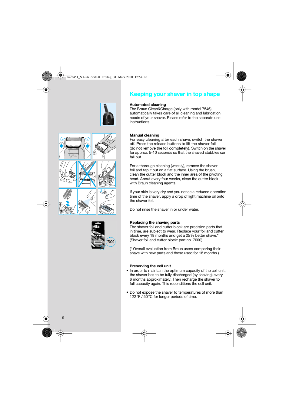 Keeping your shaver in top shape | Braun 7540 Syncro  EU User Manual | Page 8 / 26