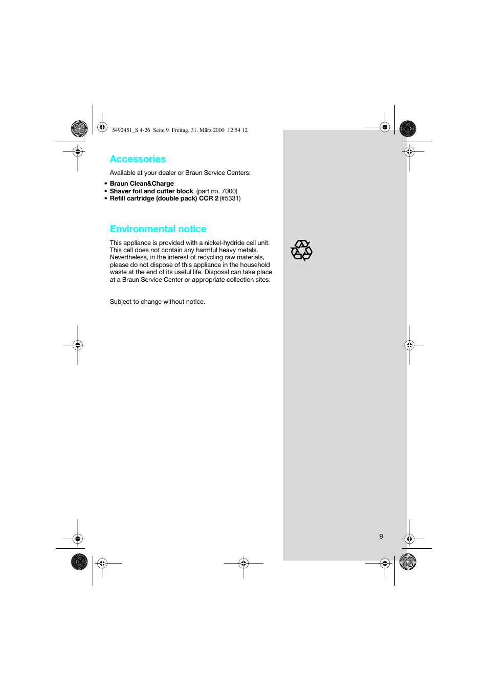 Accessories, Environmental notice | Braun 7540 Syncro  EU User Manual | Page 9 / 26