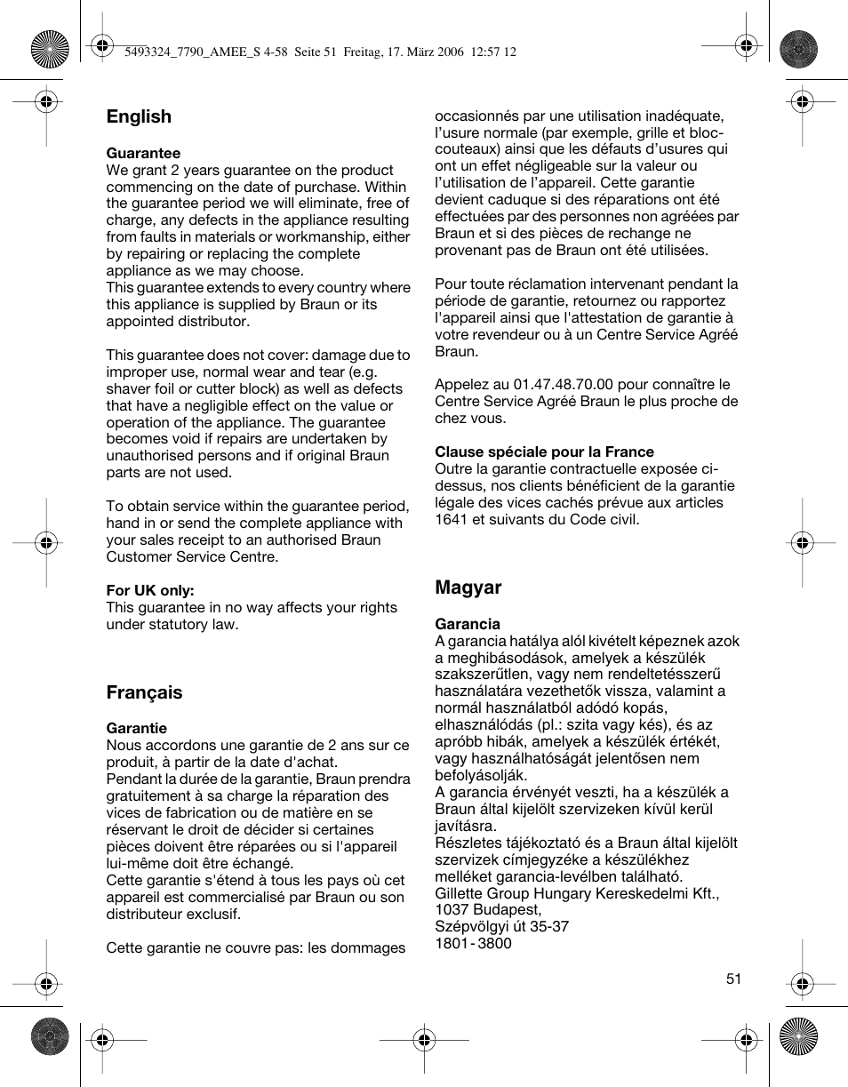 English, Français, Magyar | Braun 7785 SyncroPro  FR User Manual | Page 51 / 57