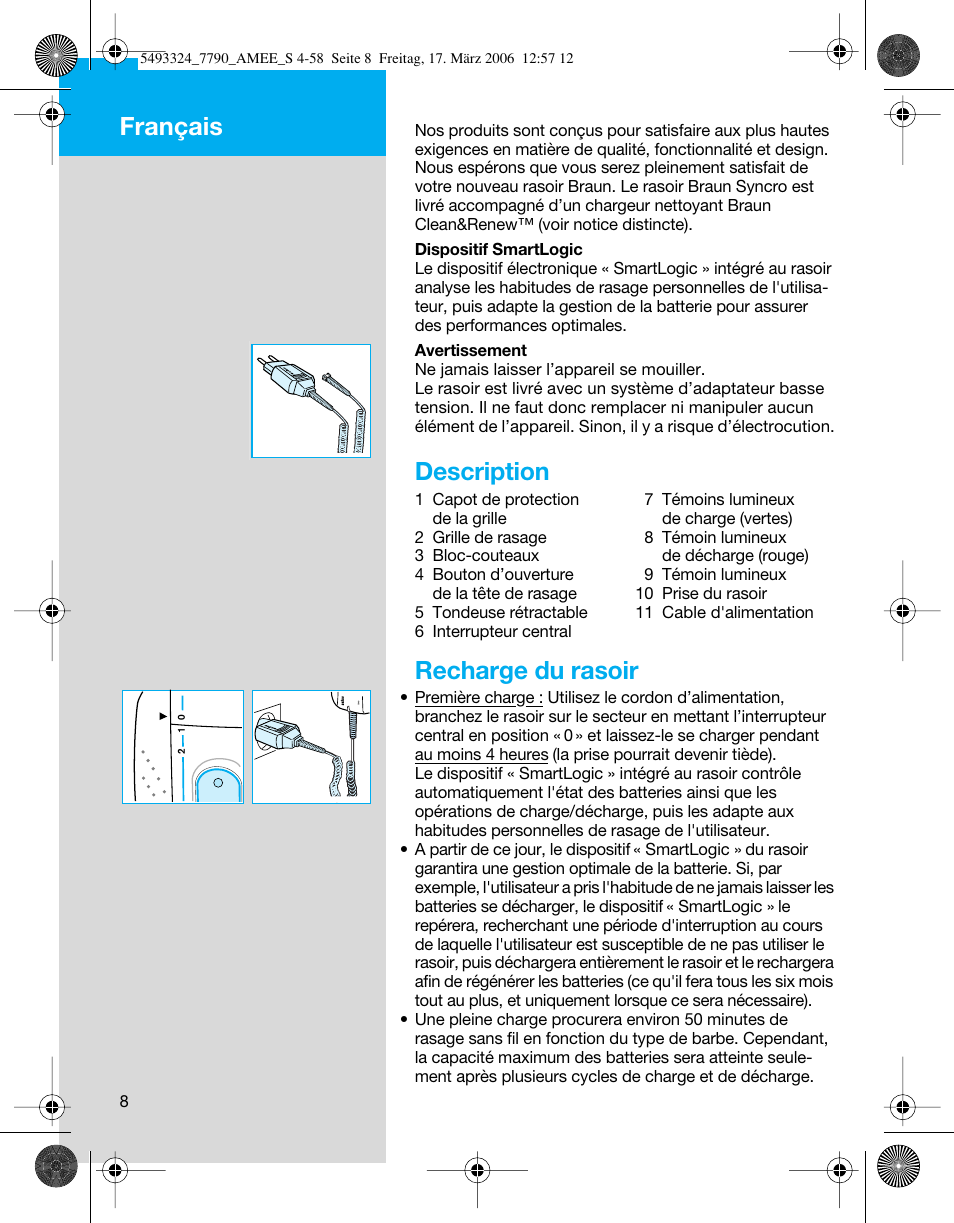 Description, Recharge du rasoir, Français | Braun 7785 SyncroPro  FR User Manual | Page 8 / 57