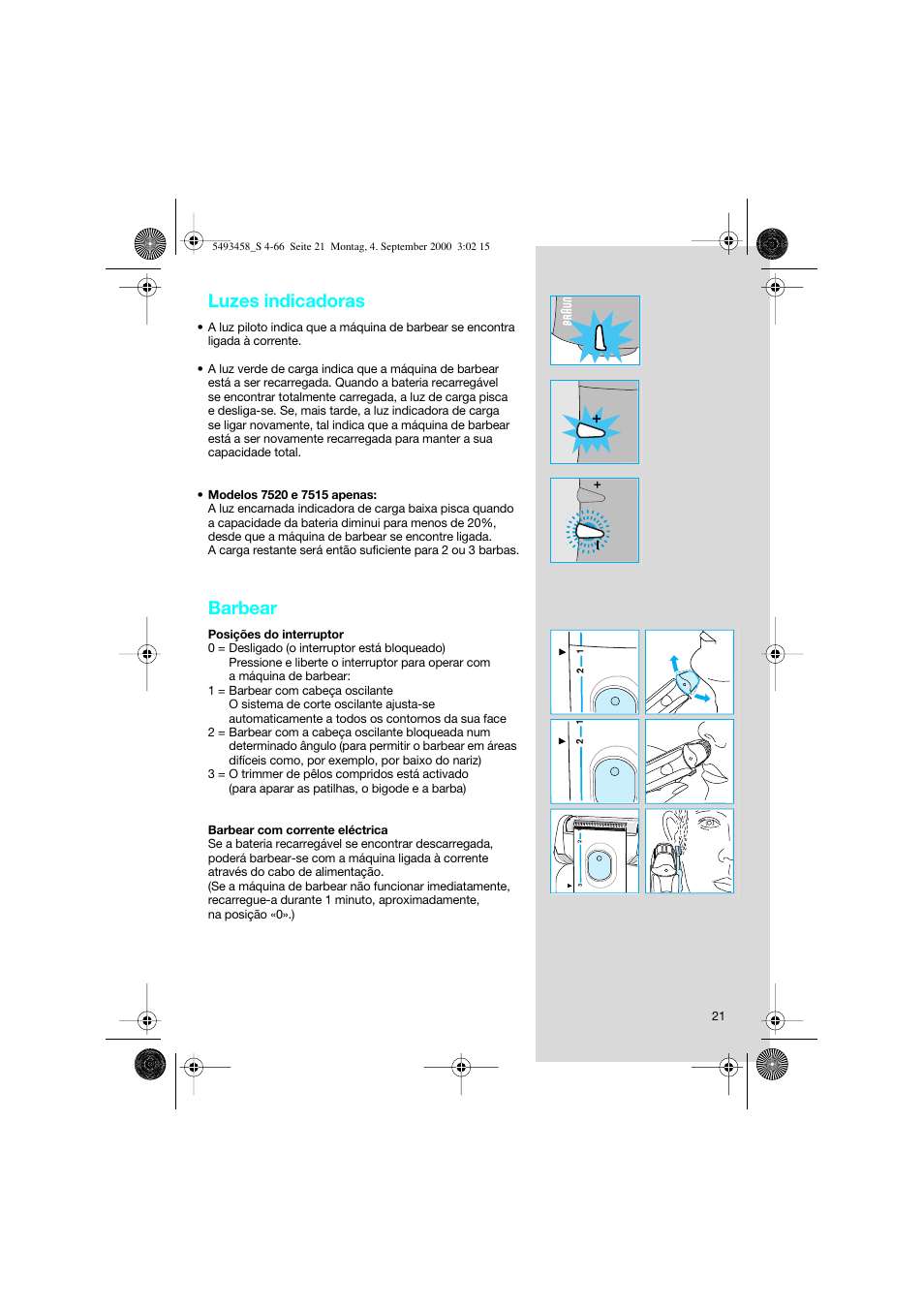 Luzes indicadoras, Barbear | Braun 7515 Syncro User Manual | Page 21 / 63