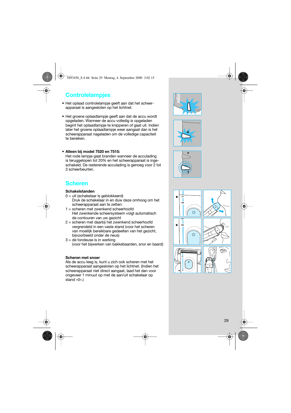 Controlelampjes, Scheren | Braun 7515 Syncro User Manual | Page 29 / 63