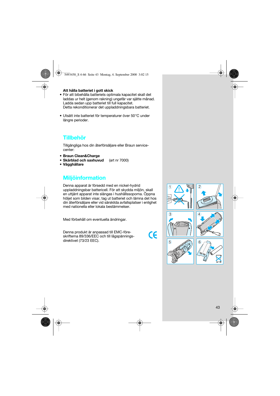 Tillbehör, Miljöinformation | Braun 7515 Syncro User Manual | Page 43 / 63