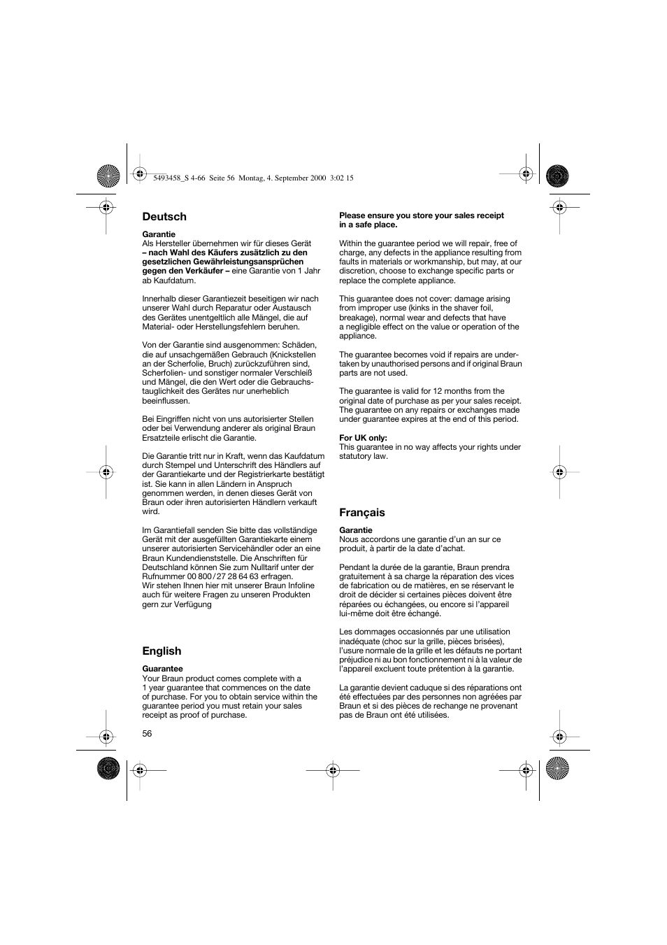 Deutsch, English, Français | Braun 7515 Syncro User Manual | Page 56 / 63