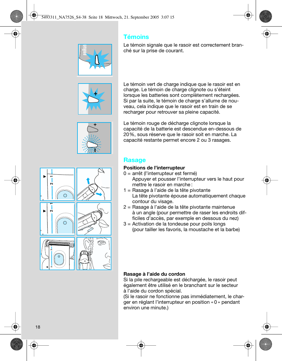 Témoins, Rasage | Braun 7526 SyncroPro System User Manual | Page 18 / 35