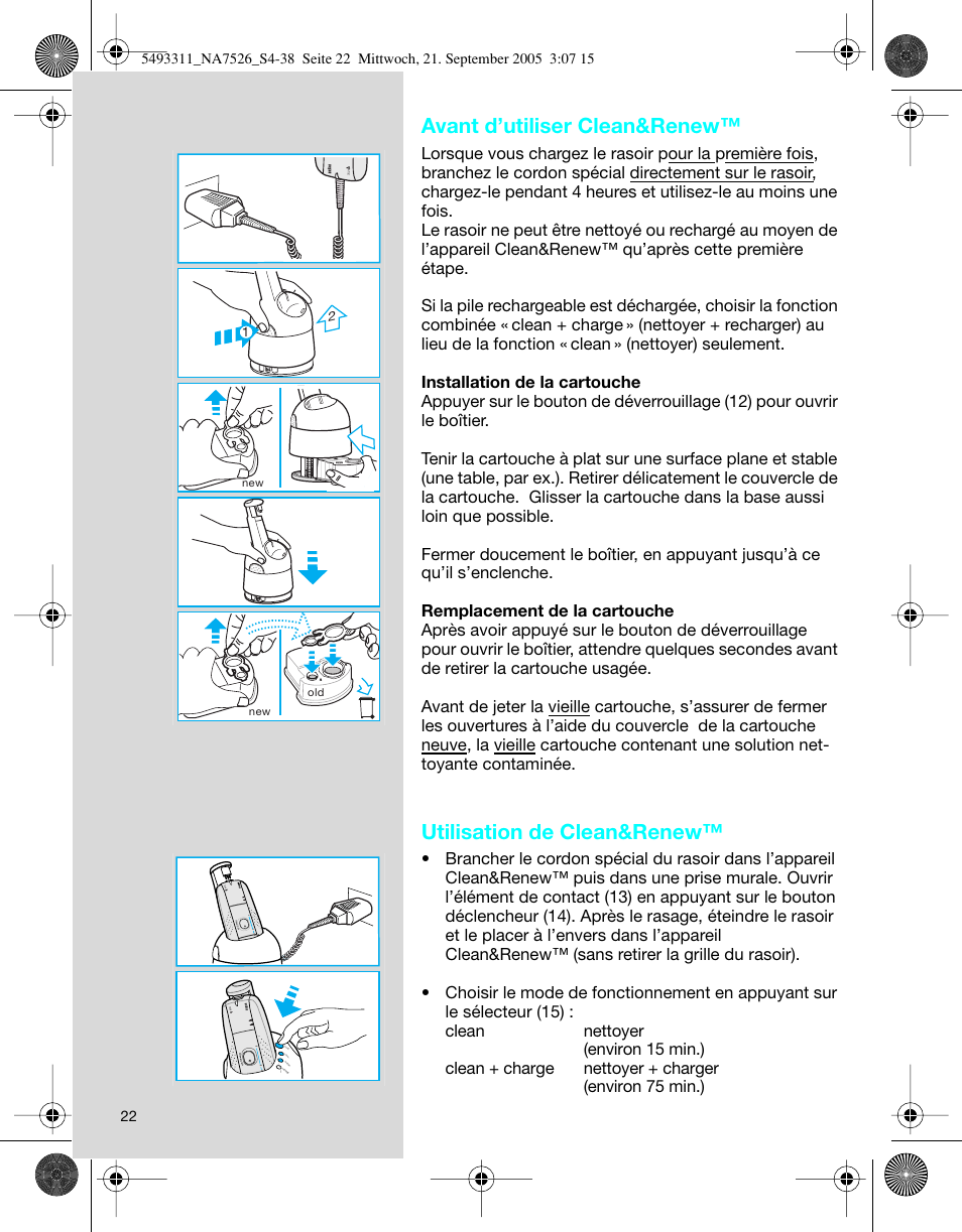 Avant d’utiliser clean&renew, Utilisation de clean&renew, Au to m a tic lo ck 3 2 1 0 | Braun 7526 SyncroPro System User Manual | Page 22 / 35