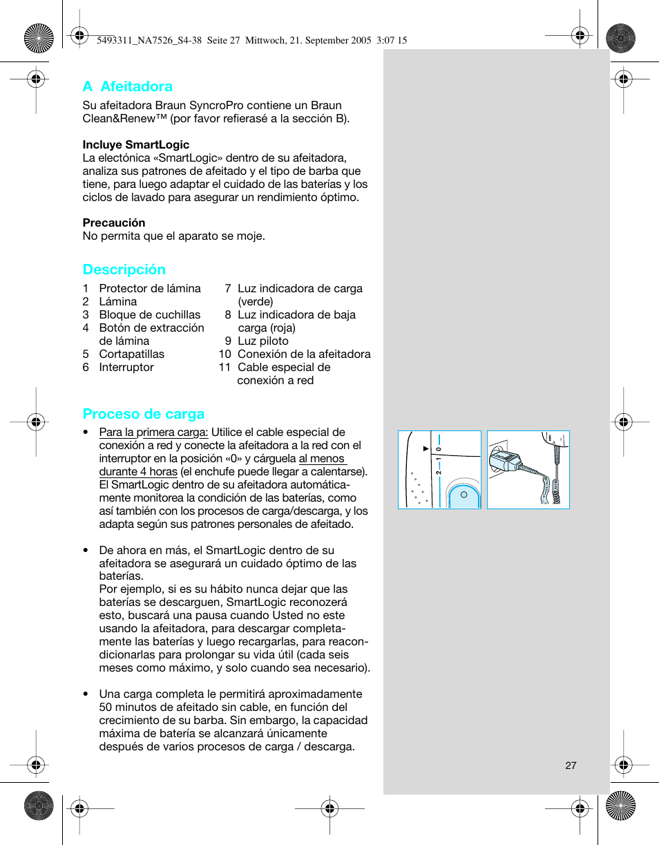 A afeitadora, Descripción, Proceso de carga | Braun 7526 SyncroPro System User Manual | Page 27 / 35
