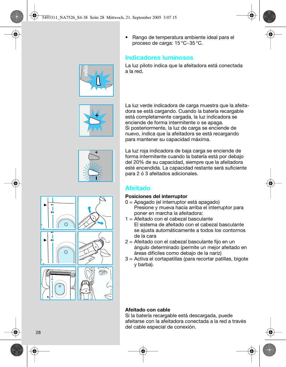 Indicadores luminosos, Afeitado | Braun 7526 SyncroPro System User Manual | Page 28 / 35