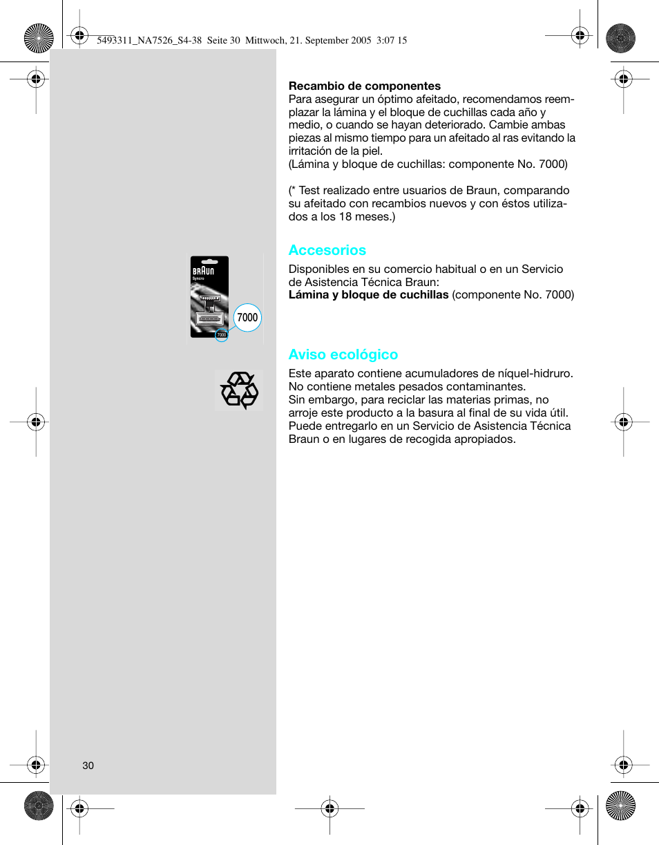 Accesorios, Aviso ecológico | Braun 7526 SyncroPro System User Manual | Page 30 / 35