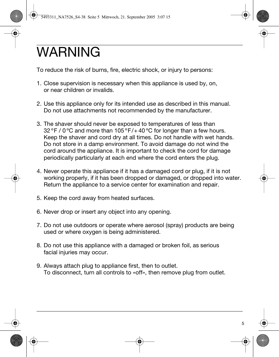 Warning | Braun 7526 SyncroPro System User Manual | Page 5 / 35