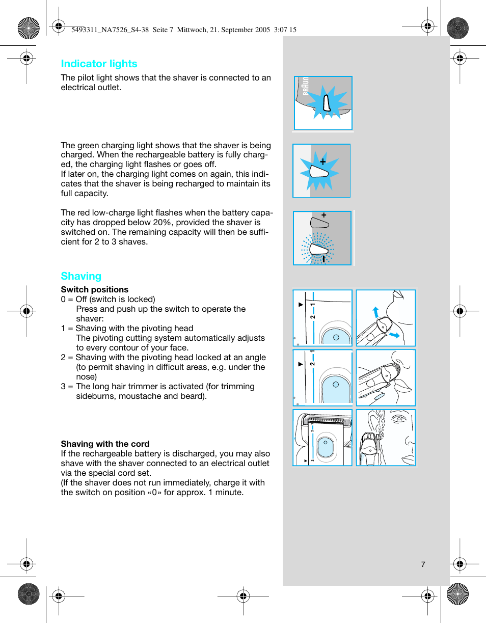 Indicator lights, Shaving | Braun 7526 SyncroPro System User Manual | Page 7 / 35