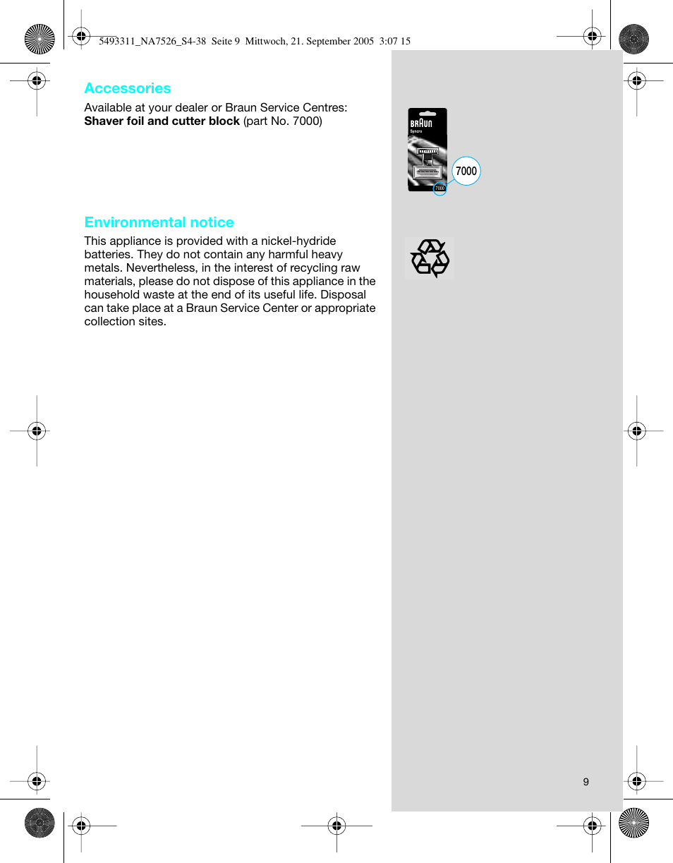 Accessories, Environmental notice | Braun 7526 SyncroPro System User Manual | Page 9 / 35