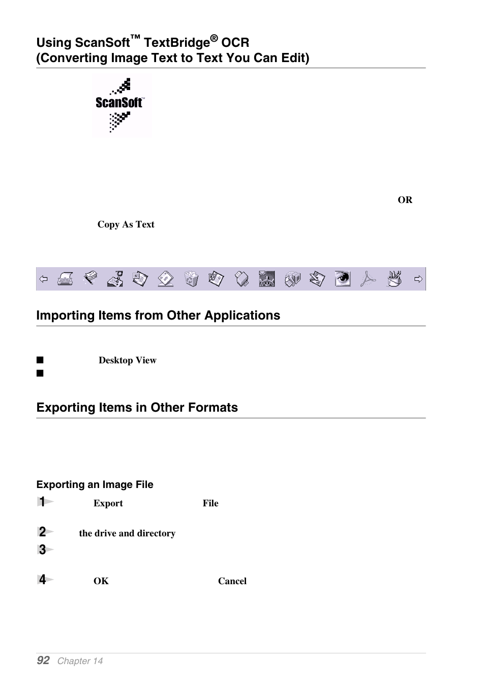 Importing items from other applications, Exporting items in other formats, Exporting an image file | Using scansoft, Textbridge, Ocr (converting image text to text you can edit) | Brother MFC-9030 User Manual | Page 101 / 166