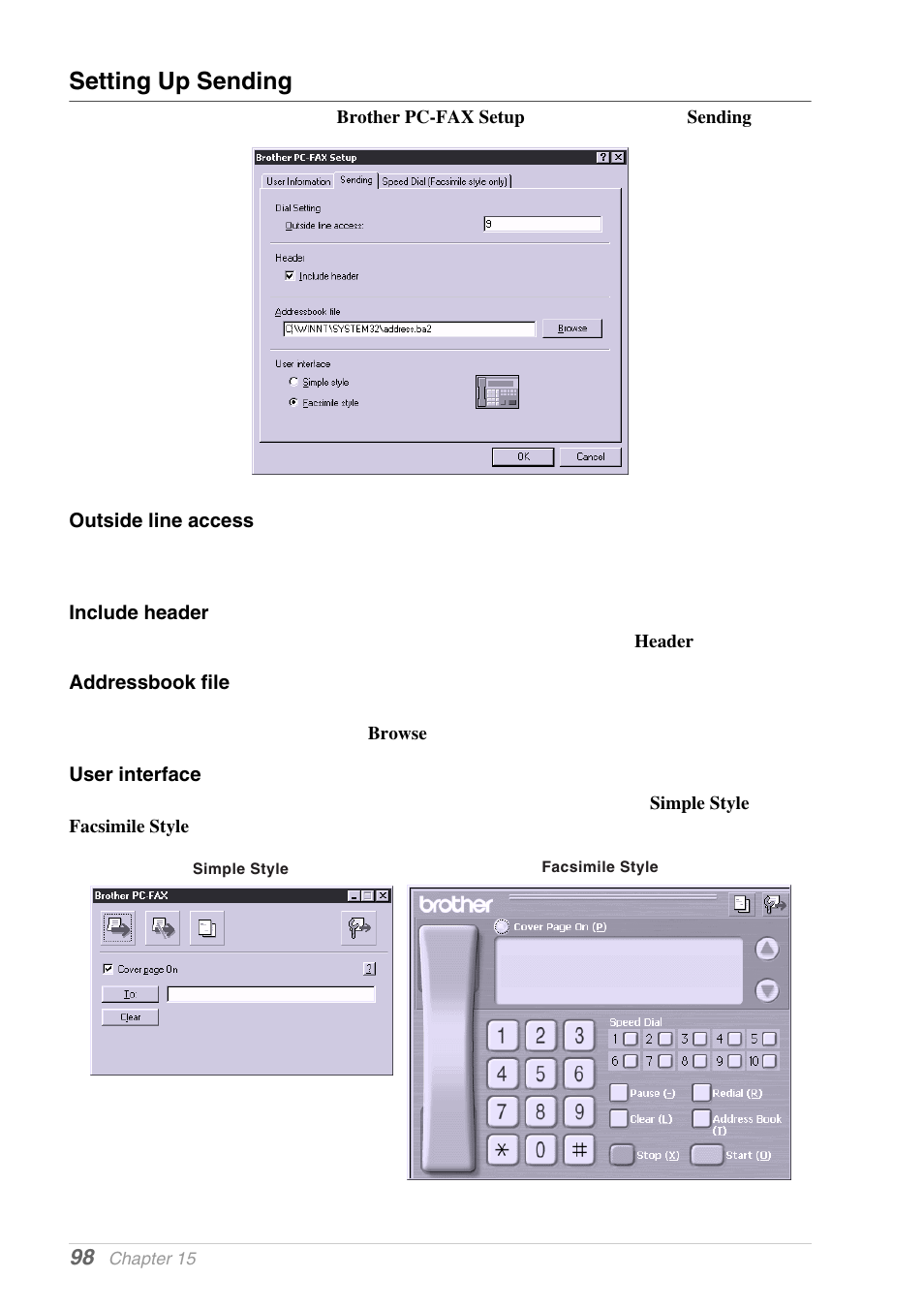 Setting up sending, Outside line access, Include header | Addressbook file, User interface | Brother MFC-9030 User Manual | Page 107 / 166