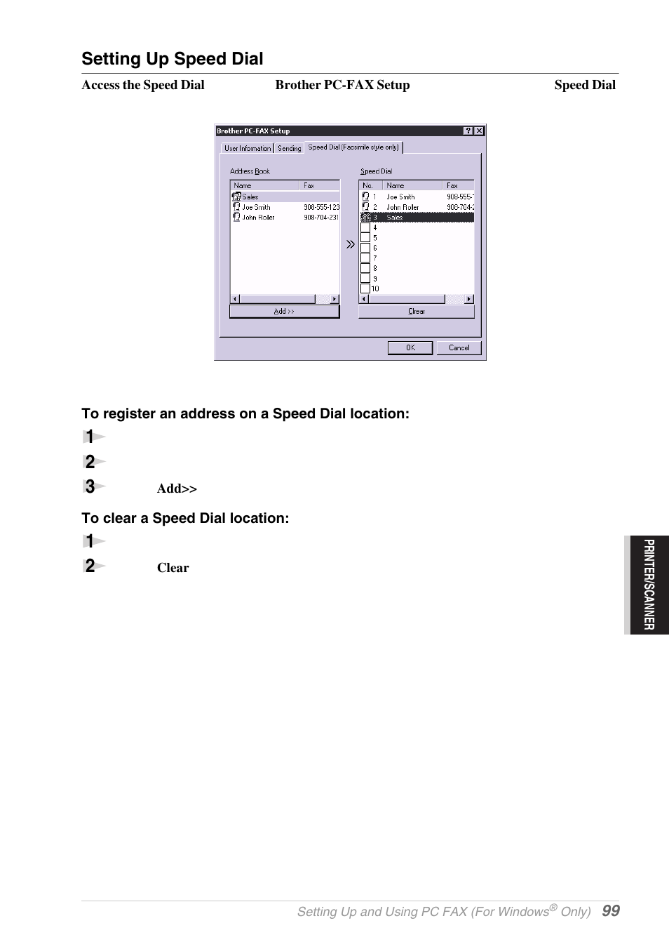 Setting up speed dial, To register an address on a speed dial location, To clear a speed dial location | Brother MFC-9030 User Manual | Page 108 / 166