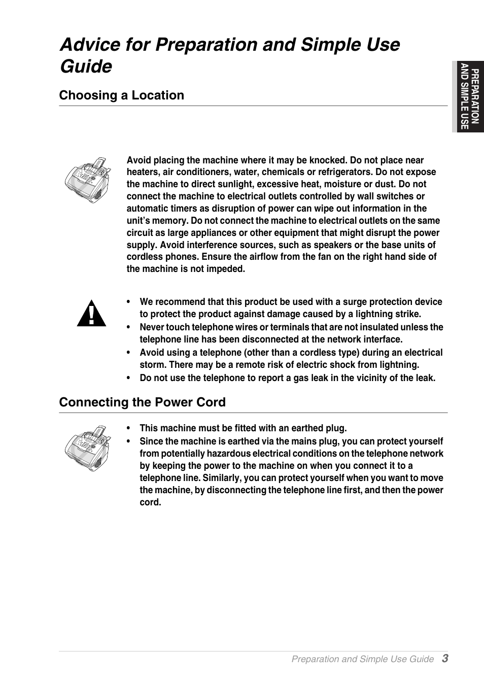 Advice for preparation and simple use guide, Choosing a location, Connecting the power cord | Brother MFC-9030 User Manual | Page 12 / 166