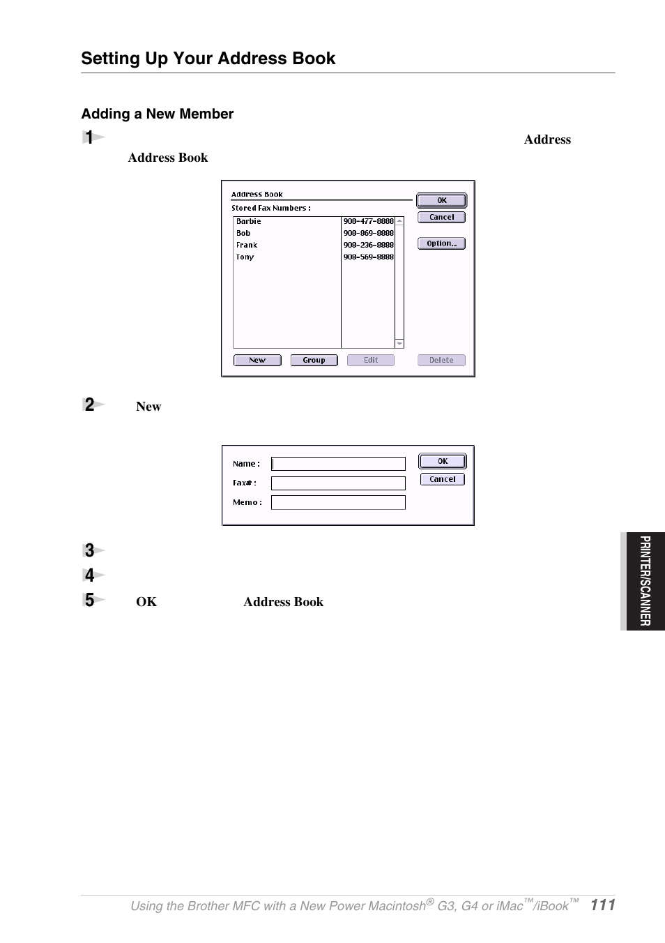 Setting up your address book, Adding a new member | Brother MFC-9030 User Manual | Page 120 / 166