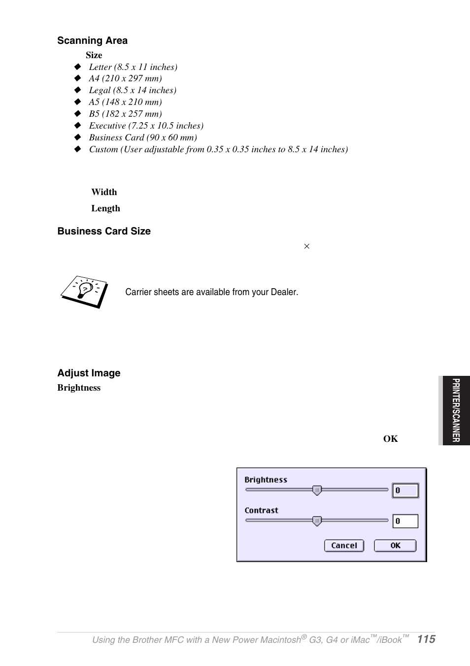Scanning area, Business card size, Adjust image | Brother MFC-9030 User Manual | Page 124 / 166
