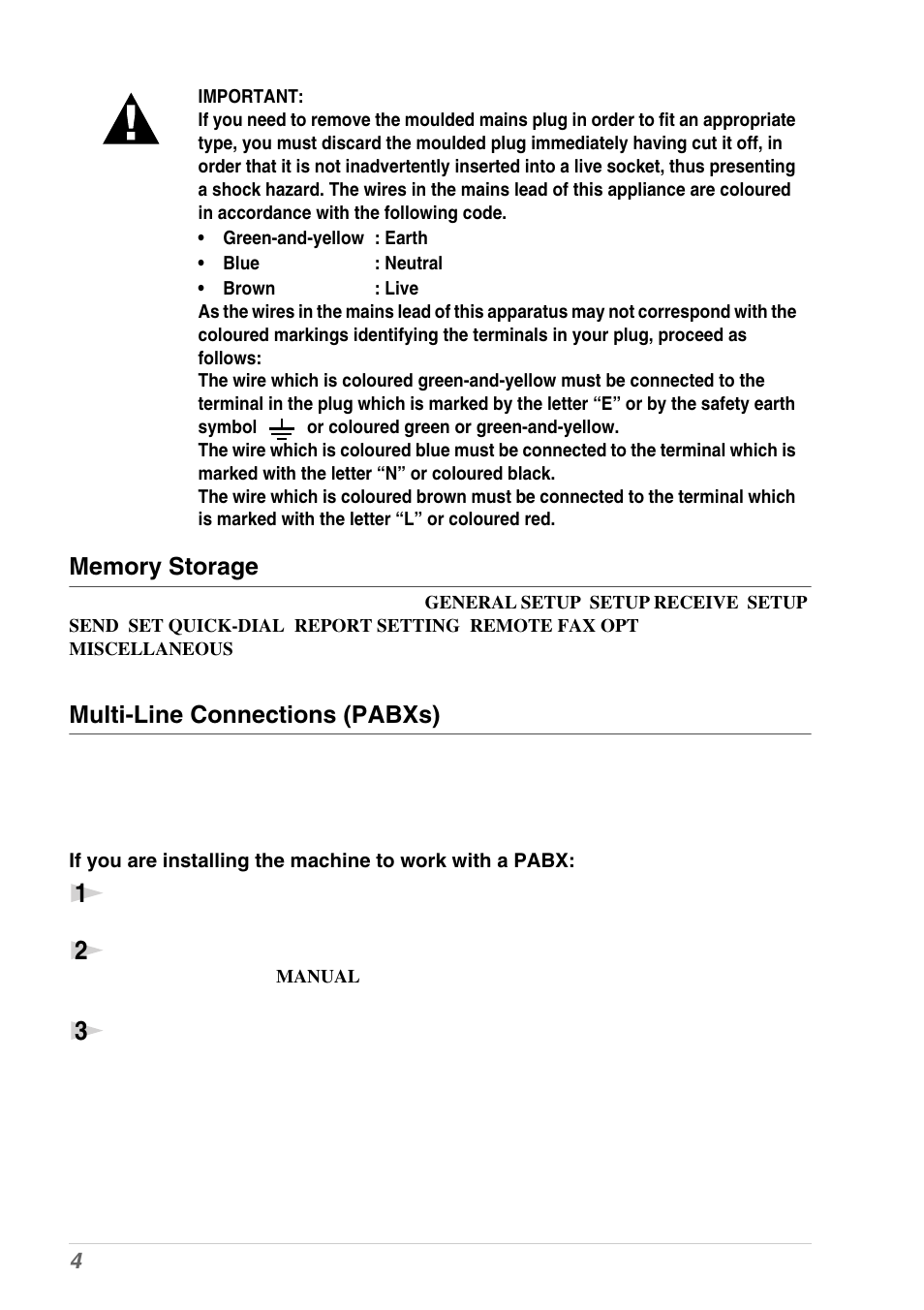 Memory storage, Multi-line connections (pabxs) | Brother MFC-9030 User Manual | Page 13 / 166