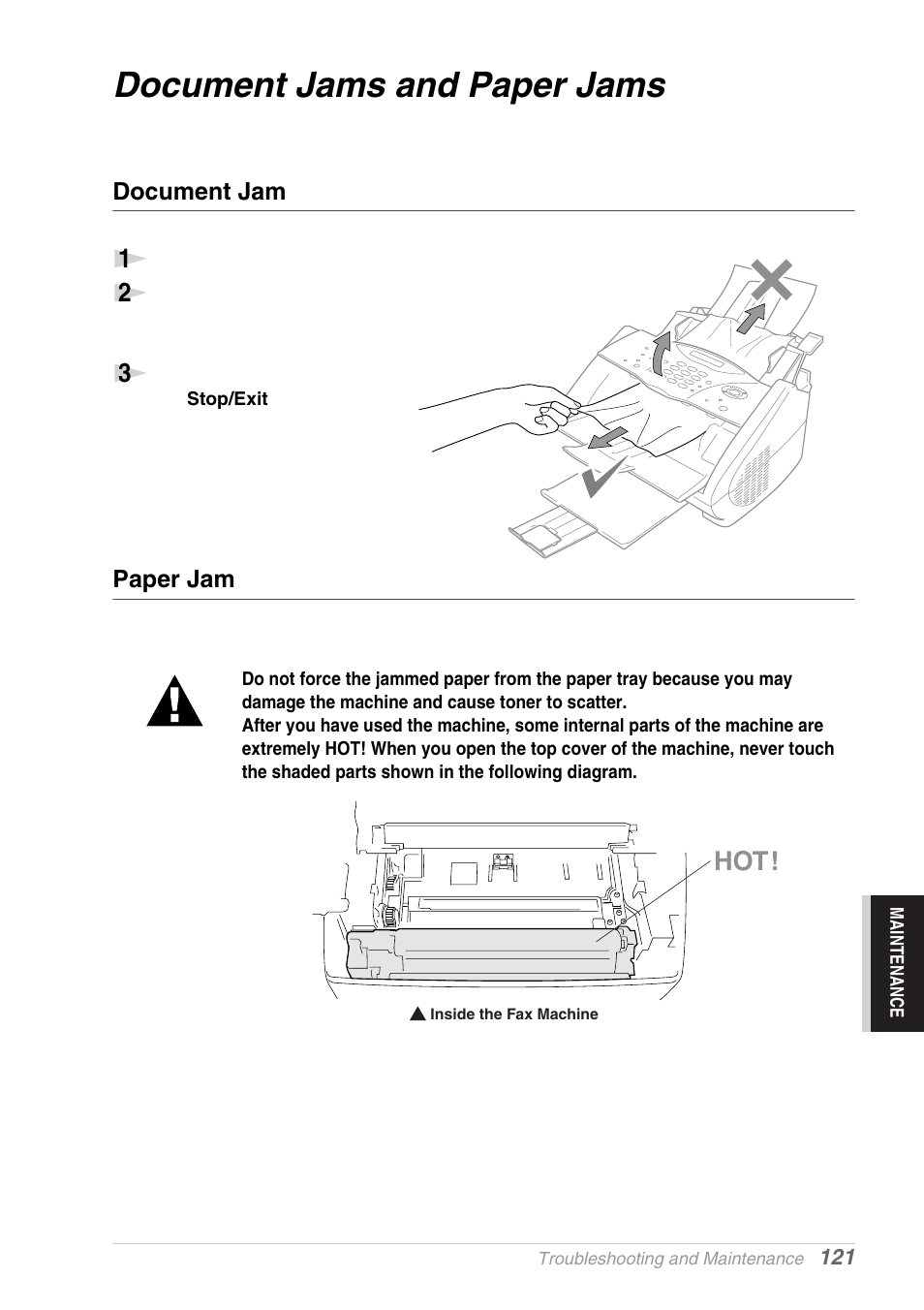 Document jams and paper jams, Document jam, Paper jam | Brother MFC-9030 User Manual | Page 130 / 166