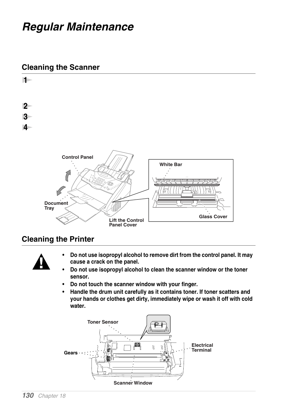 Regular maintenance, Cleaning the scanner, Cleaning the printer | Brother MFC-9030 User Manual | Page 139 / 166