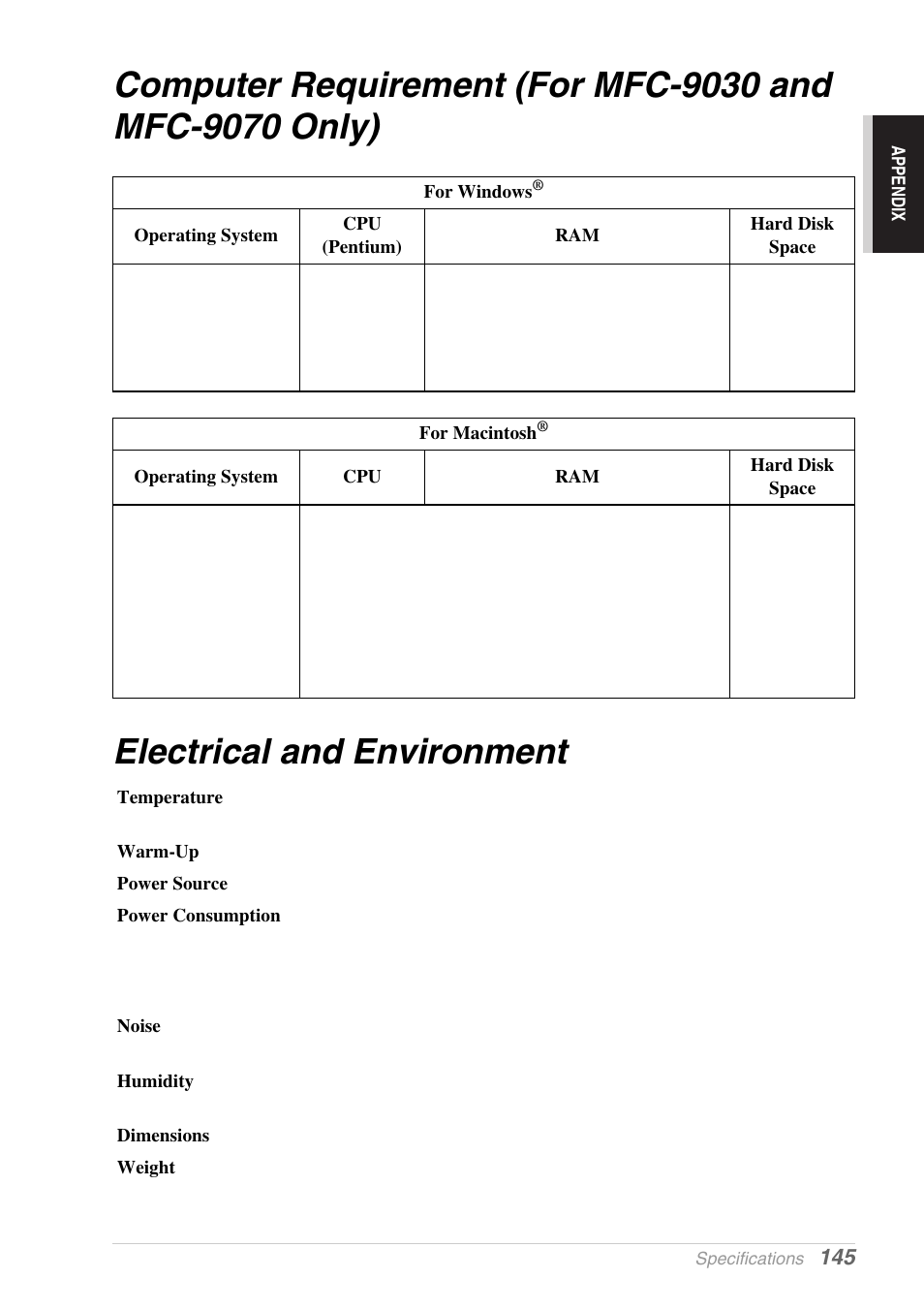 Electrical and environment | Brother MFC-9030 User Manual | Page 154 / 166