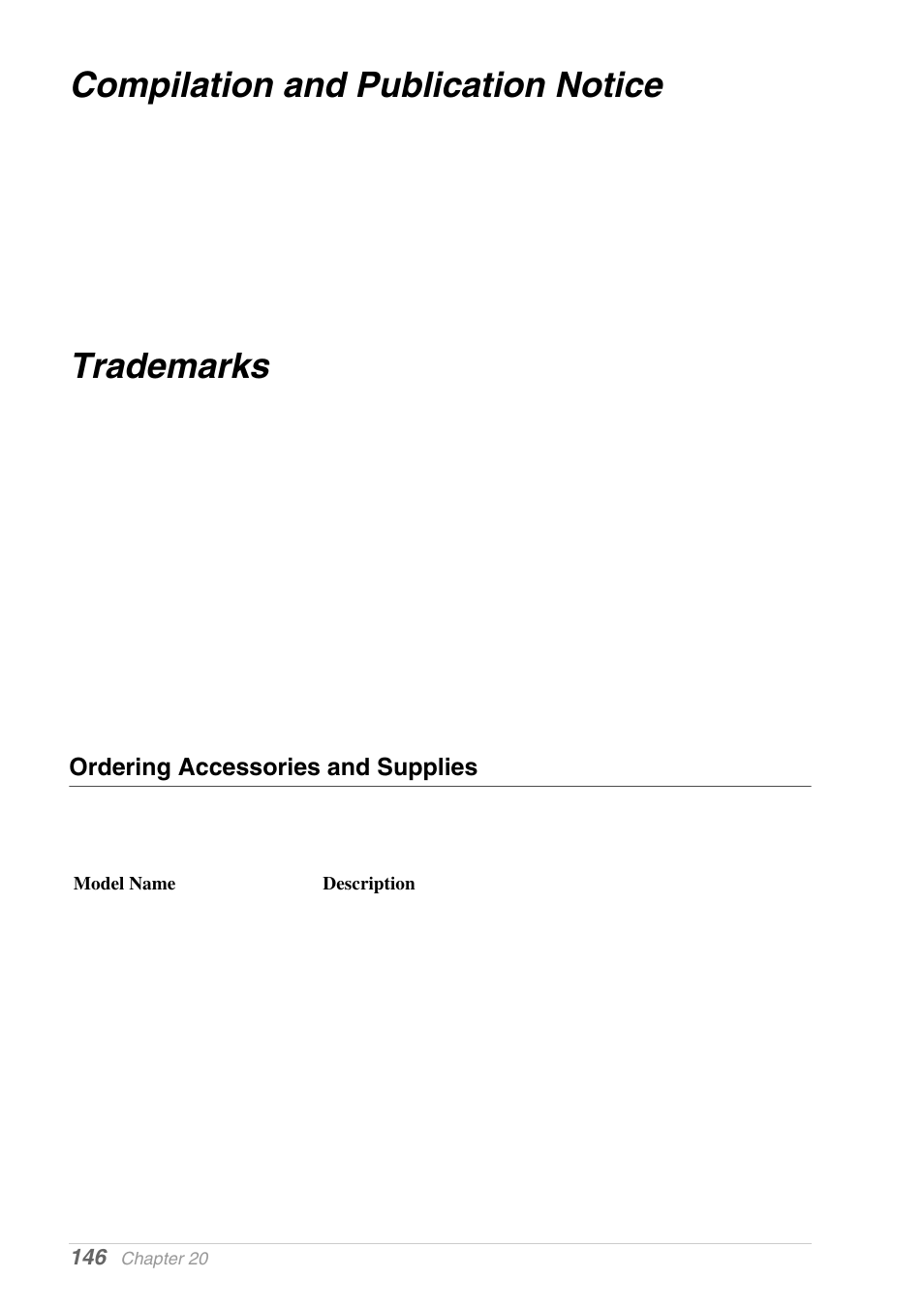 Compilation and publication notice, Trademarks, Ordering accessories and supplies | Compilation and publication notice trademarks | Brother MFC-9030 User Manual | Page 155 / 166