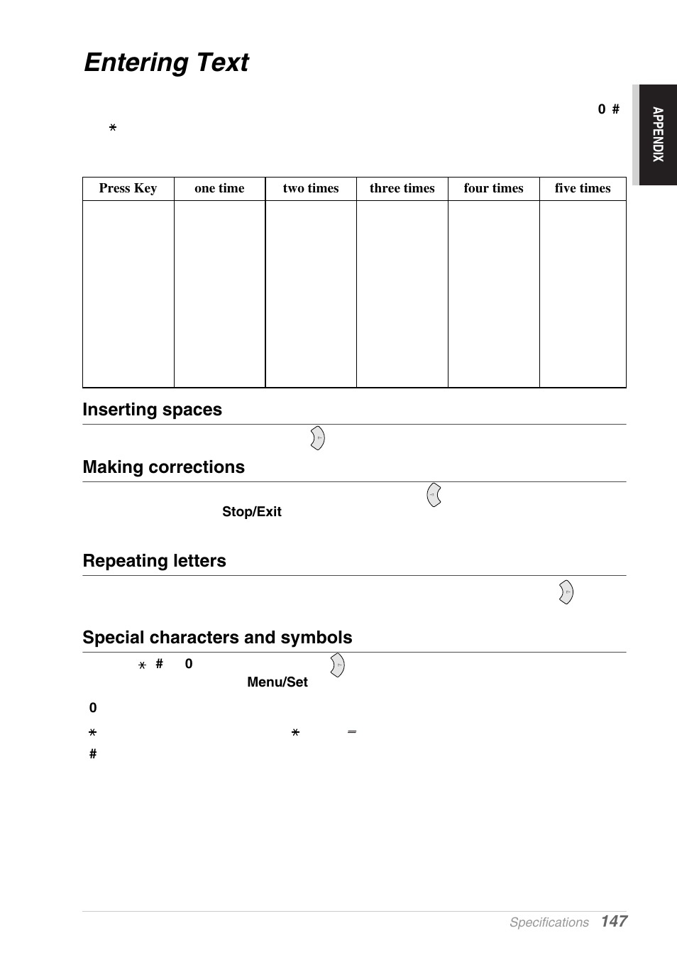 Entering text, Inserting spaces, Making corrections | Repeating letters, Special characters and symbols | Brother MFC-9030 User Manual | Page 156 / 166
